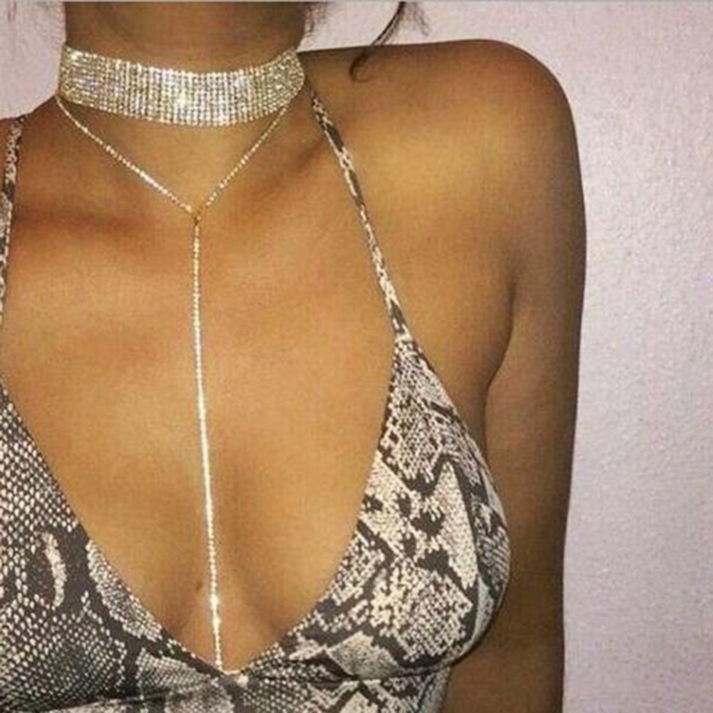 C24 | Dainty Gold Rhinestone Choker Chain Necklace - Picture 2 of 8